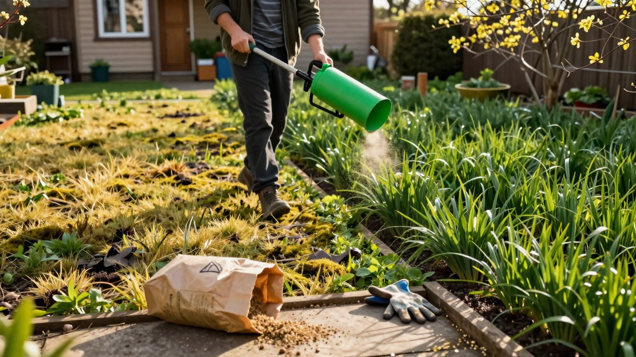 Pessoa regando plantas verdes em jardim doméstico com saco de fertilizante e luvas no chão ao fundo.