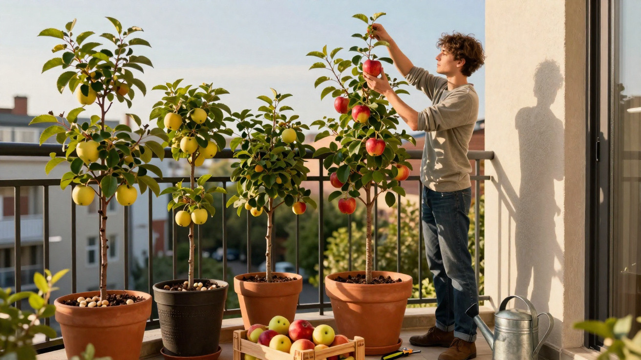 Jovem colhendo maçãs em árvores plantadas em vasos no terraço de apartamento urbano.