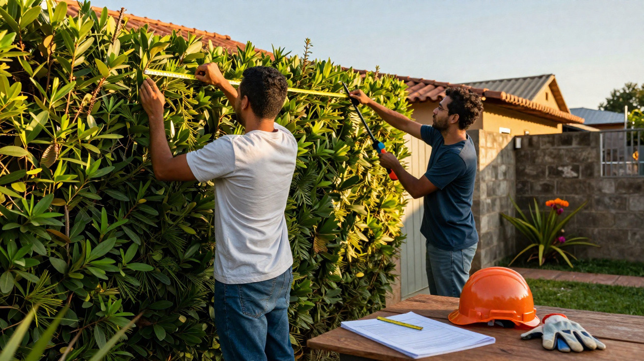 Dois homens podando uma cerca viva em jardim residencial ao entardecer.