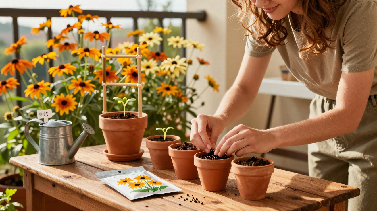 Mulher plantando sementes em vasos pequenos em uma varanda decorada com flores amarelas e laranja.