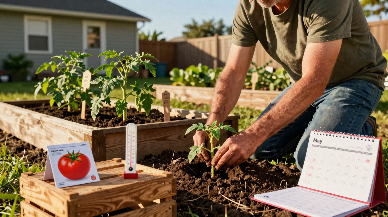 Homem plantando muda de tomate em canteiro, com termômetro, selo e calendário ao lado.