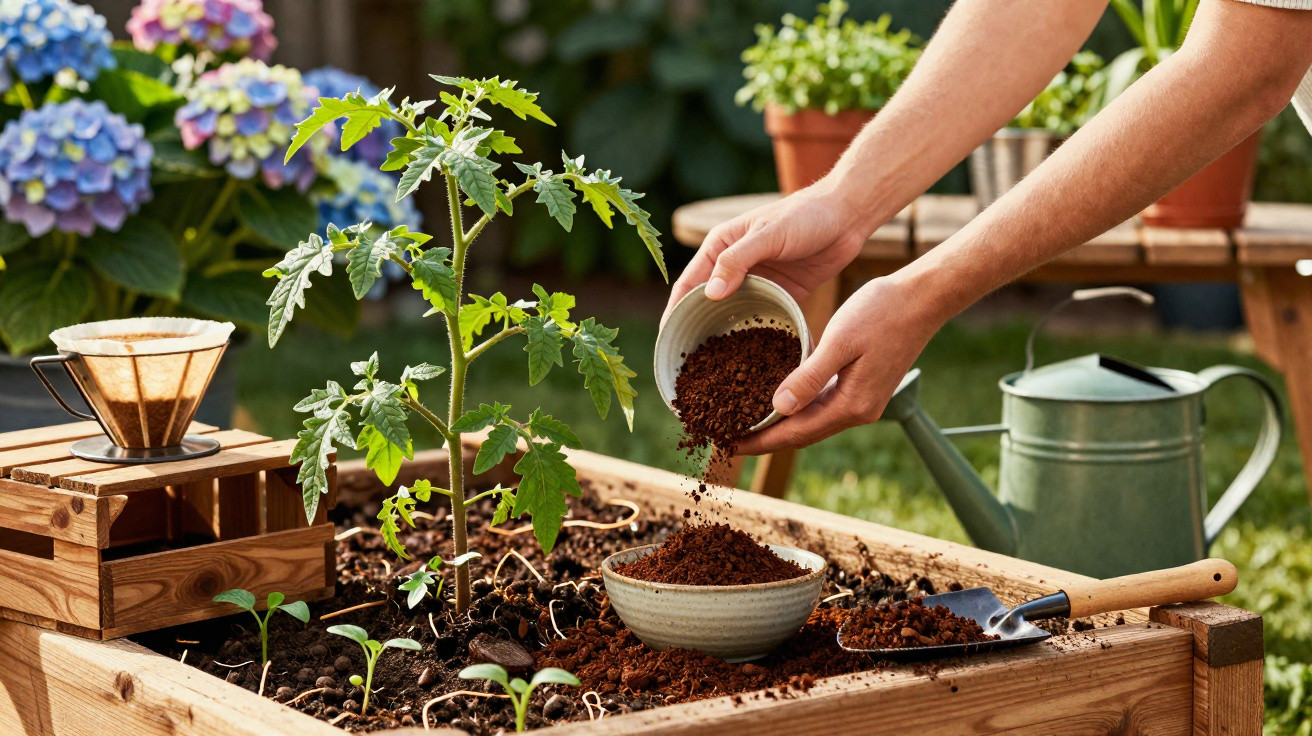 Mãos colocando borra de café em tigela sobre jardim suspenso com muda de tomate e ferramentas de jardinagem.