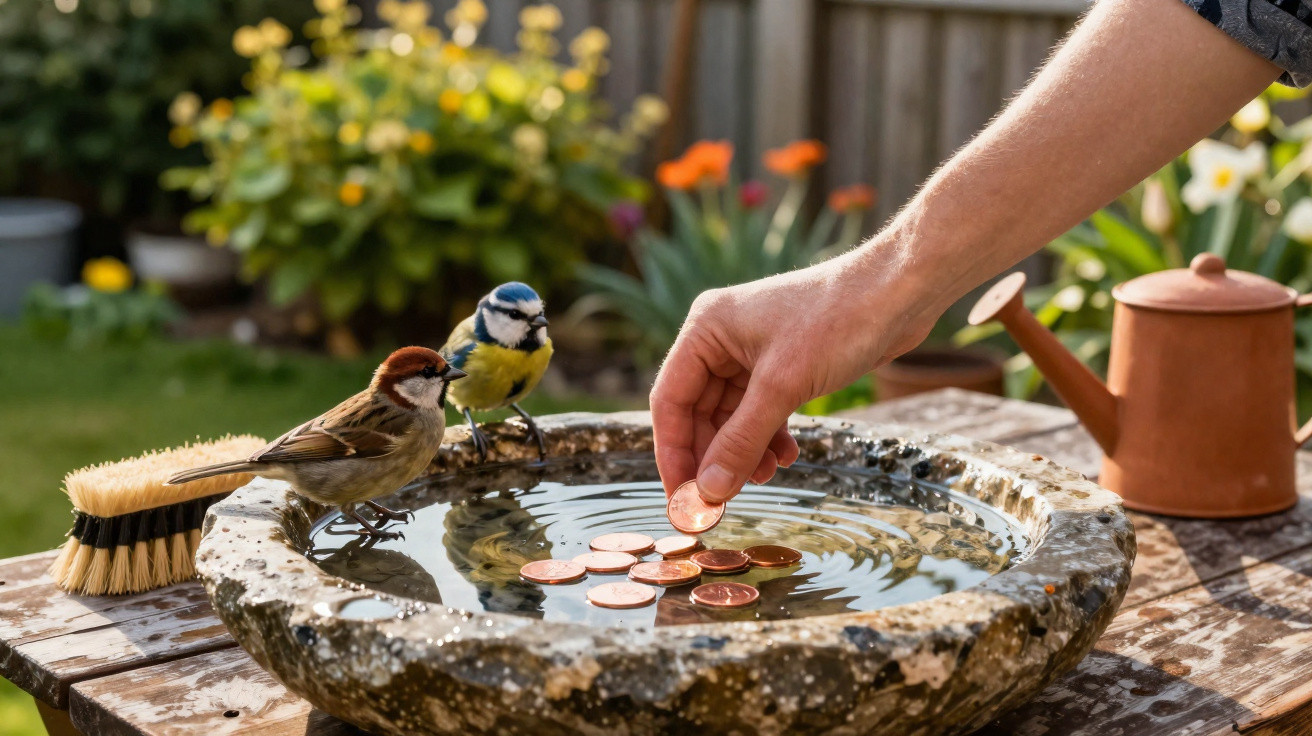 Mão colocando moedas em uma fonte de pedra com dois pássaros pousados na borda em um jardim.