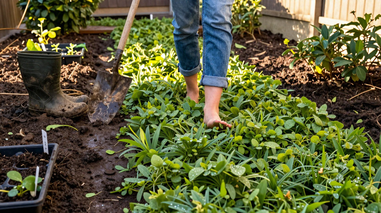 Pessoa caminhando descalça sobre plantas verdes em jardim, com botas e pá ao lado.
