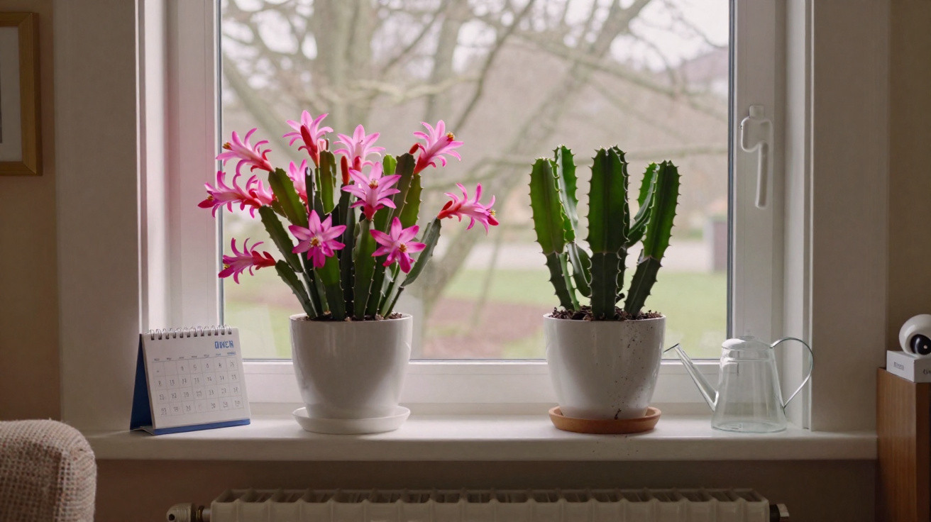 Duas plantas em vasos brancos na janela, incluindo um cacto com flores rosa e um regador transparente.