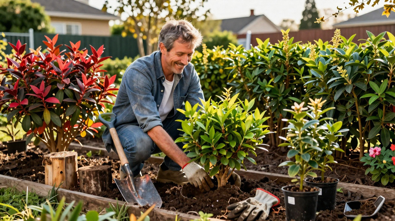 Homem sorridente plantando arbusto em jardim, com ferramentas de jardinagem ao lado.