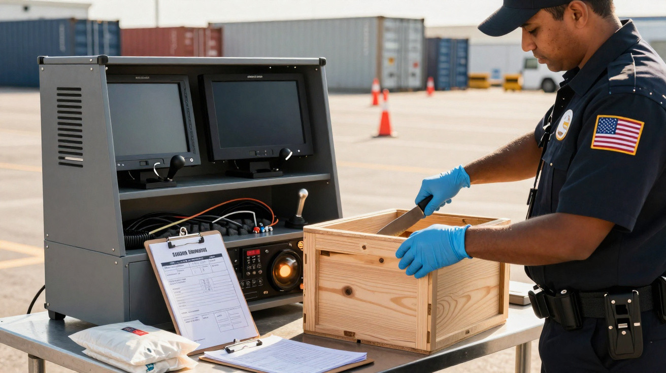 Agente da alfândega americana inspeciona caixa de madeira em área de containers com equipamento de triagem.