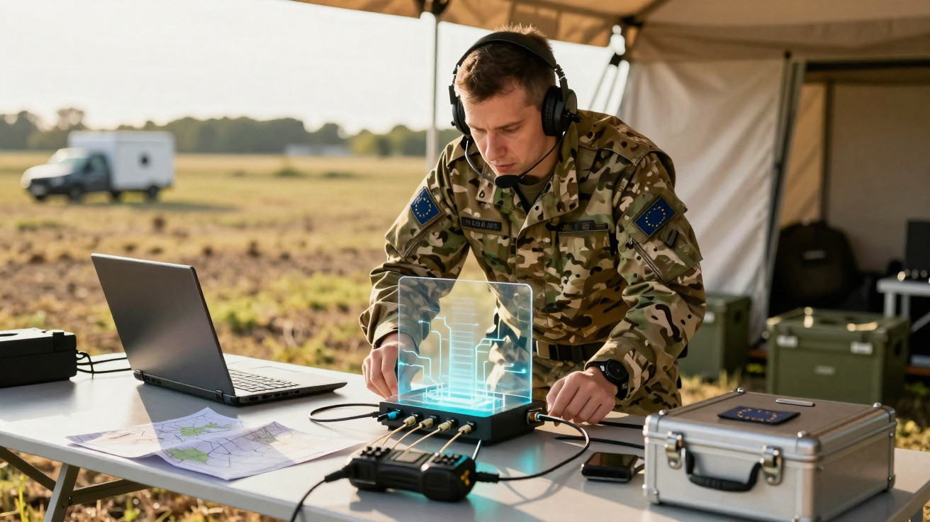 Militar usando fones em operação ao ar livre, interagindo com dispositivo holográfico futurista sobre mesa com laptop.