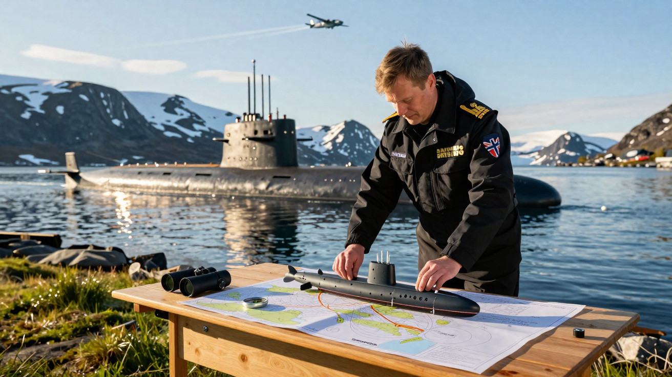 Homem em uniforme naval ajeita modelo de submarino sobre mapa à beira de água com submarino real ao fundo.