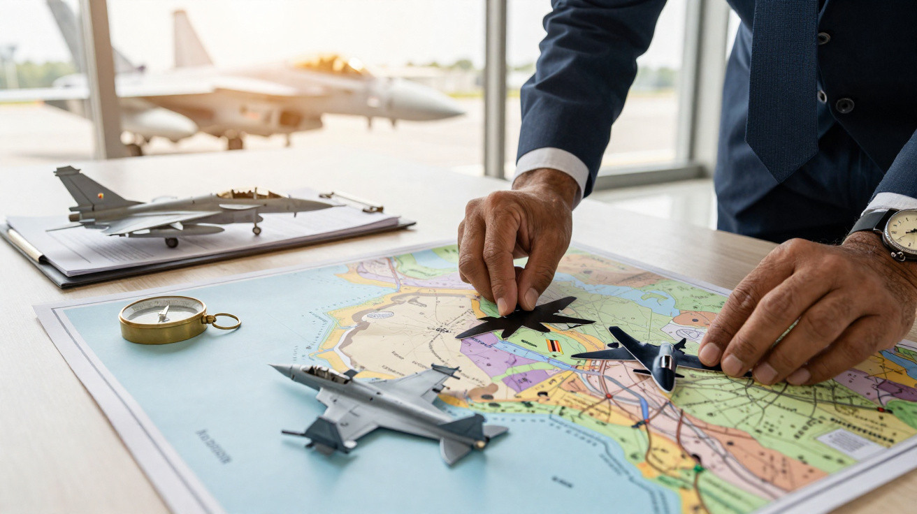 Mãos de homem com terno movendo miniaturas de aviões sobre um mapa estratégico na mesa.