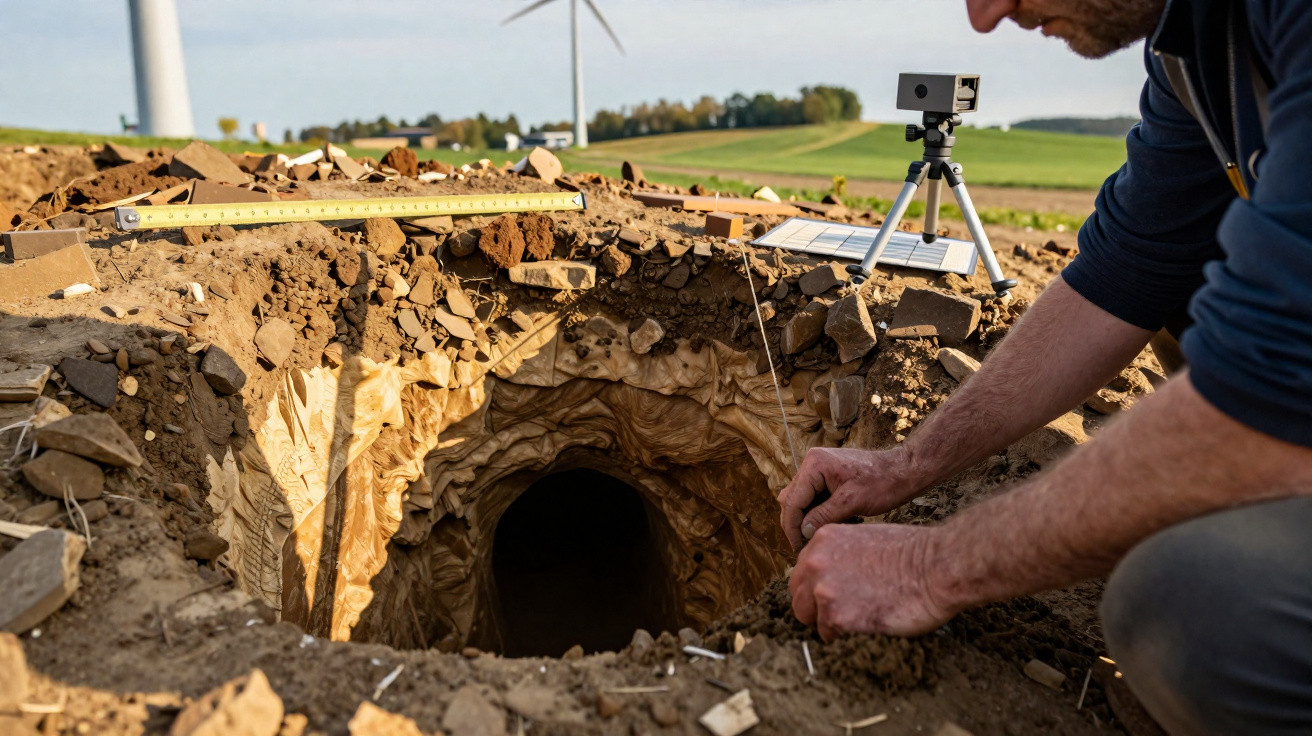 Pessoa escavando e analisando um túnel subterrâneo em área rural com turbinas eólicas ao fundo.