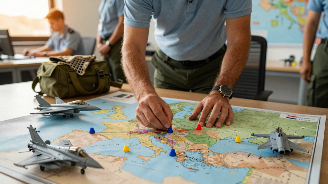 Militar planejando estratégia com miniaturas de aviões e marcadores coloridos sobre mapa europeu na mesa.
