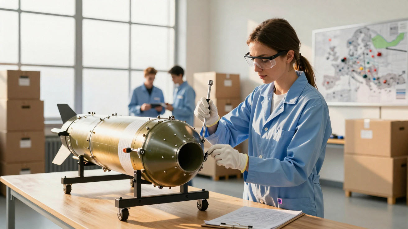Mulher cientista em laboratório ajusta peça de bomba com ferramenta, usando jaleco e óculos de proteção.