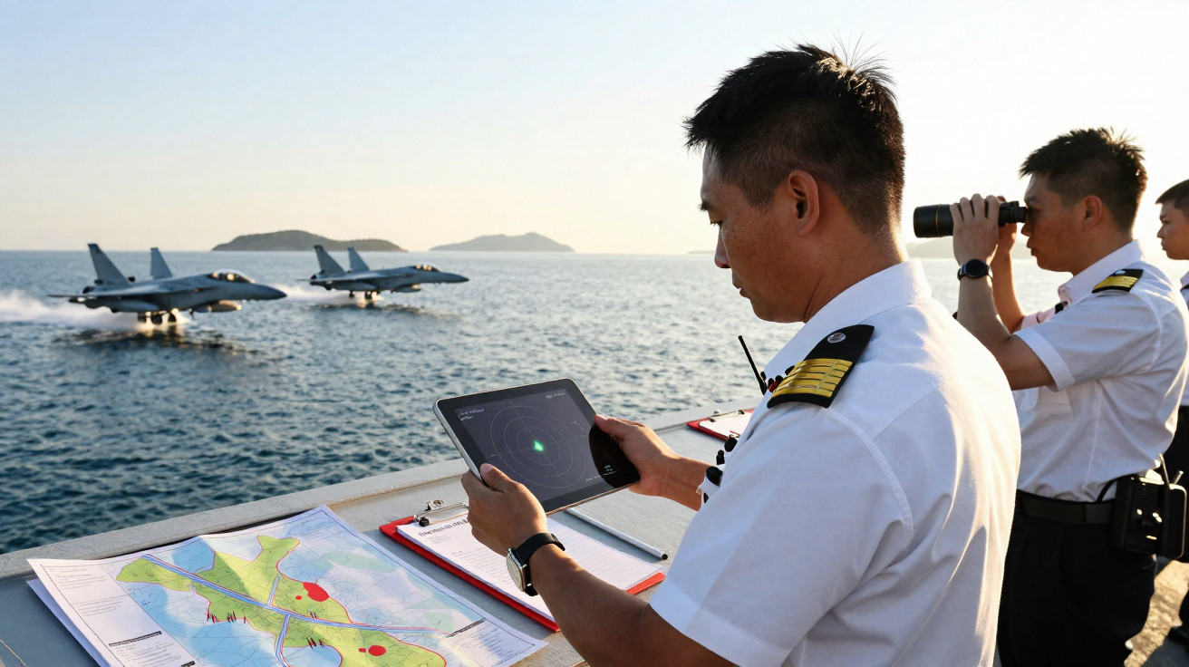 Três oficiais em navio observam dois caças decolando sobre o mar com mapas e radar na mesa.