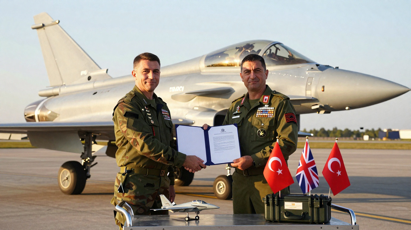 Dois militares trocam documento em frente a jato militar, com bandeiras da Turquia e Reino Unido na mesa.