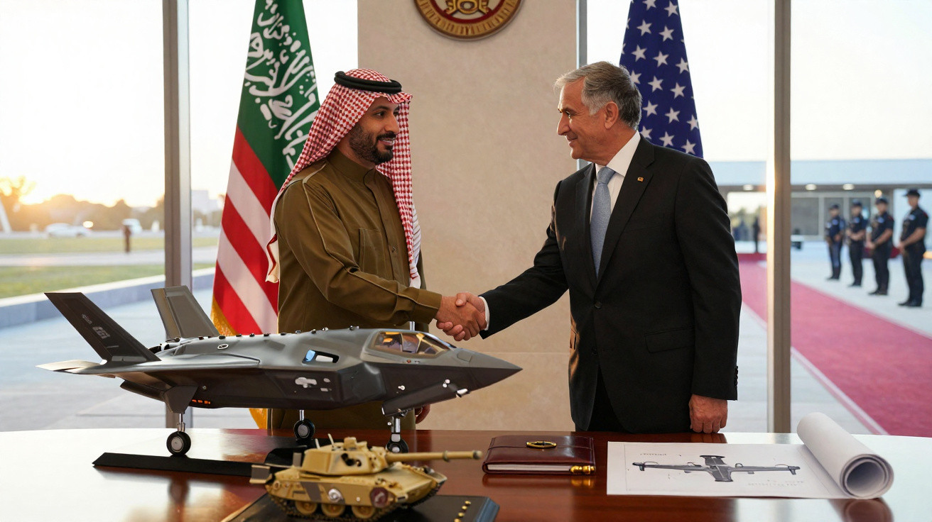 Dois homens apertando as mãos em uma sala com bandeiras dos EUA e da Arábia Saudita, com modelos de tanque e avião na mesa.