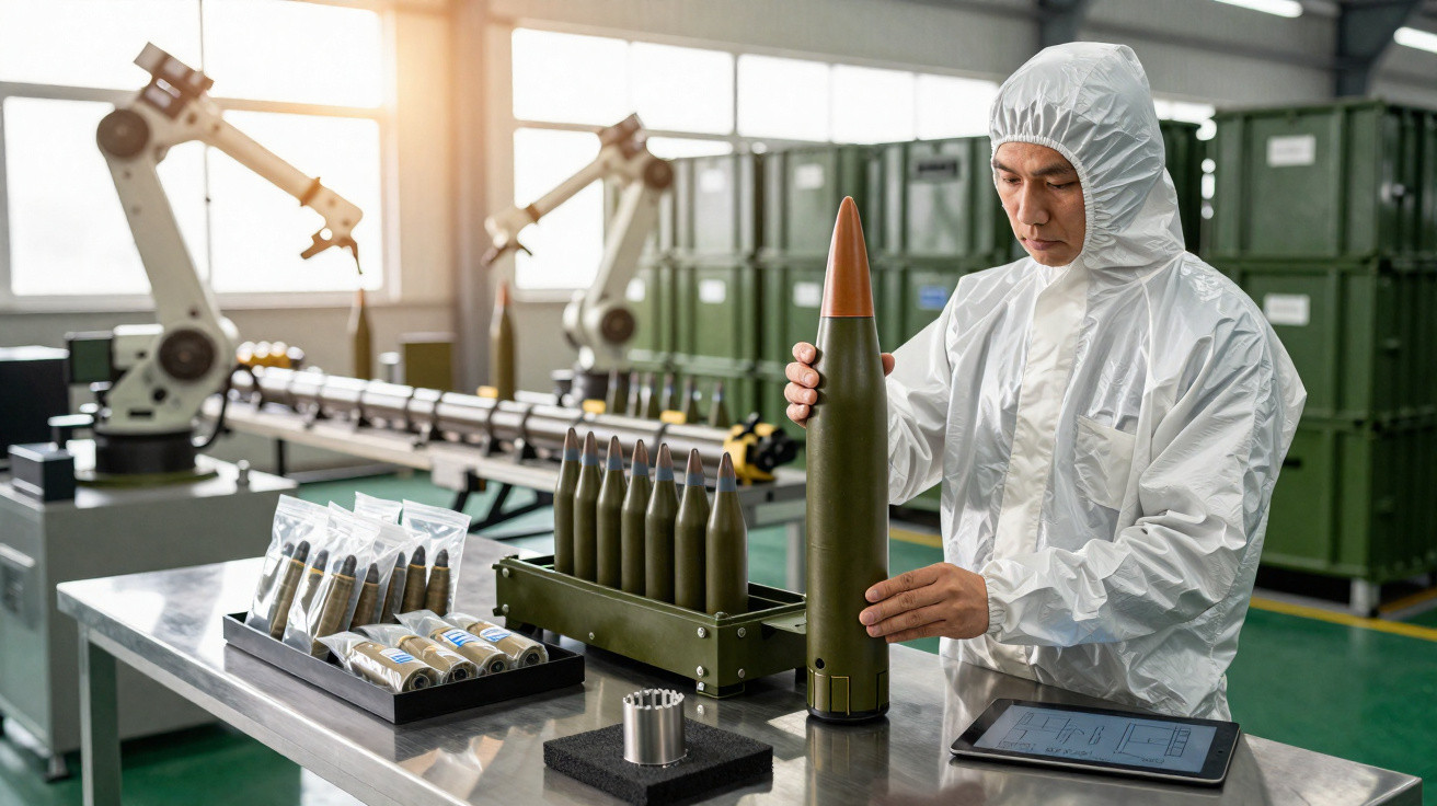 Homem de jaleco branco manuseia munição grande em ambiente industrial com máquinas robóticas ao fundo.