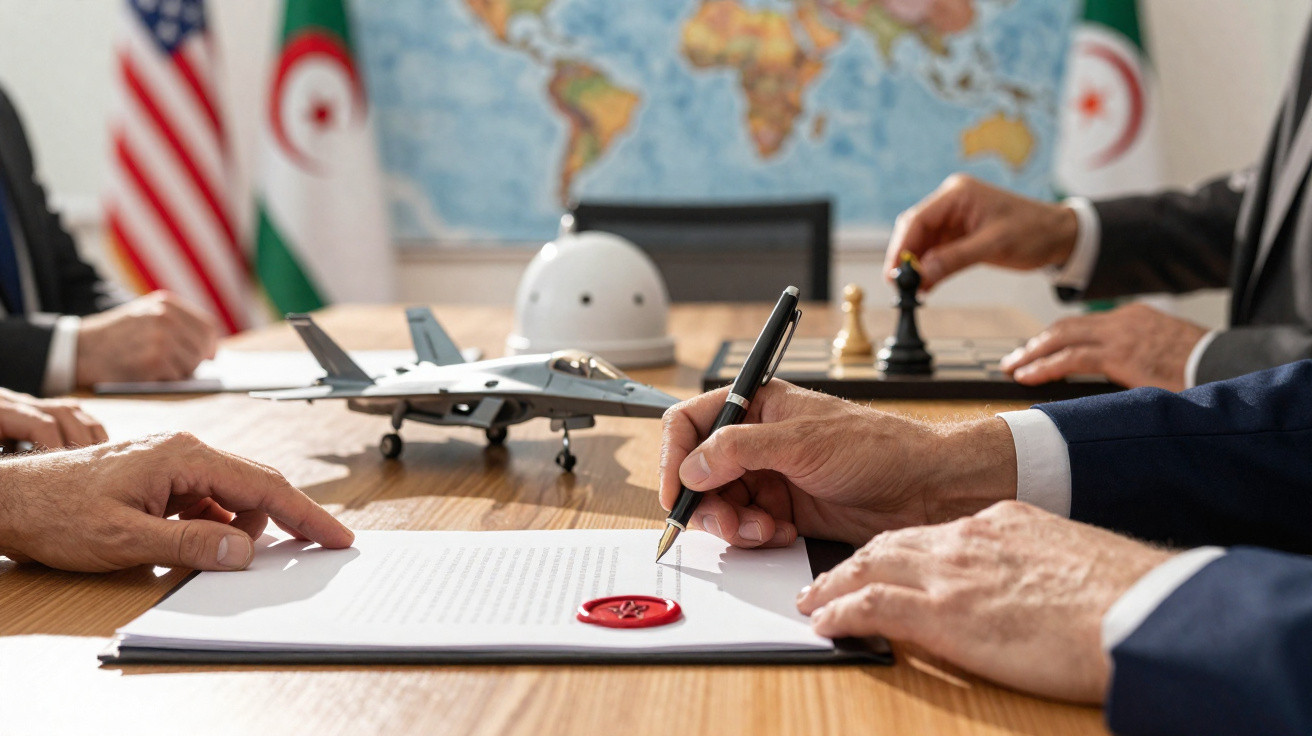 Mãos de pessoas assinando documento com carimbo vermelho, miniatura de avião e peças de xadrez em mesa com bandeiras e mapa m
