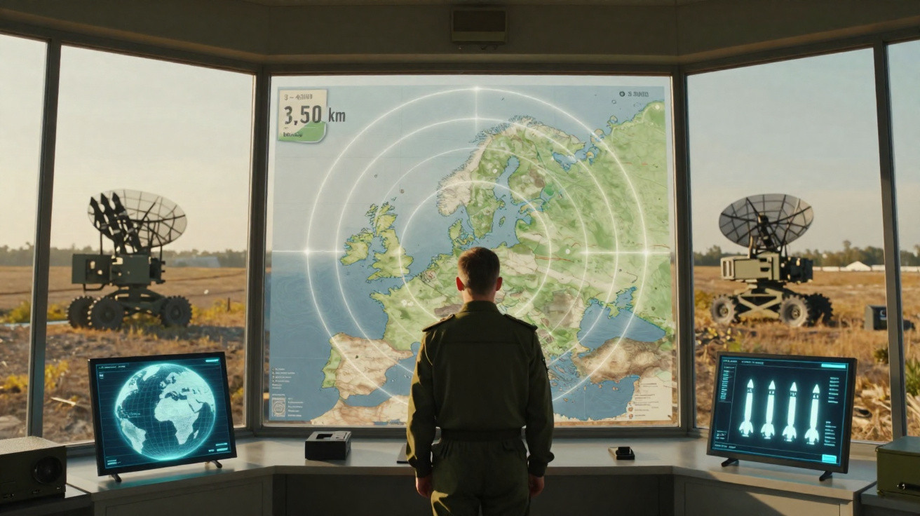 Militar observa mapa estratégico de Europa em centro de comando com radares e monitores digitais.