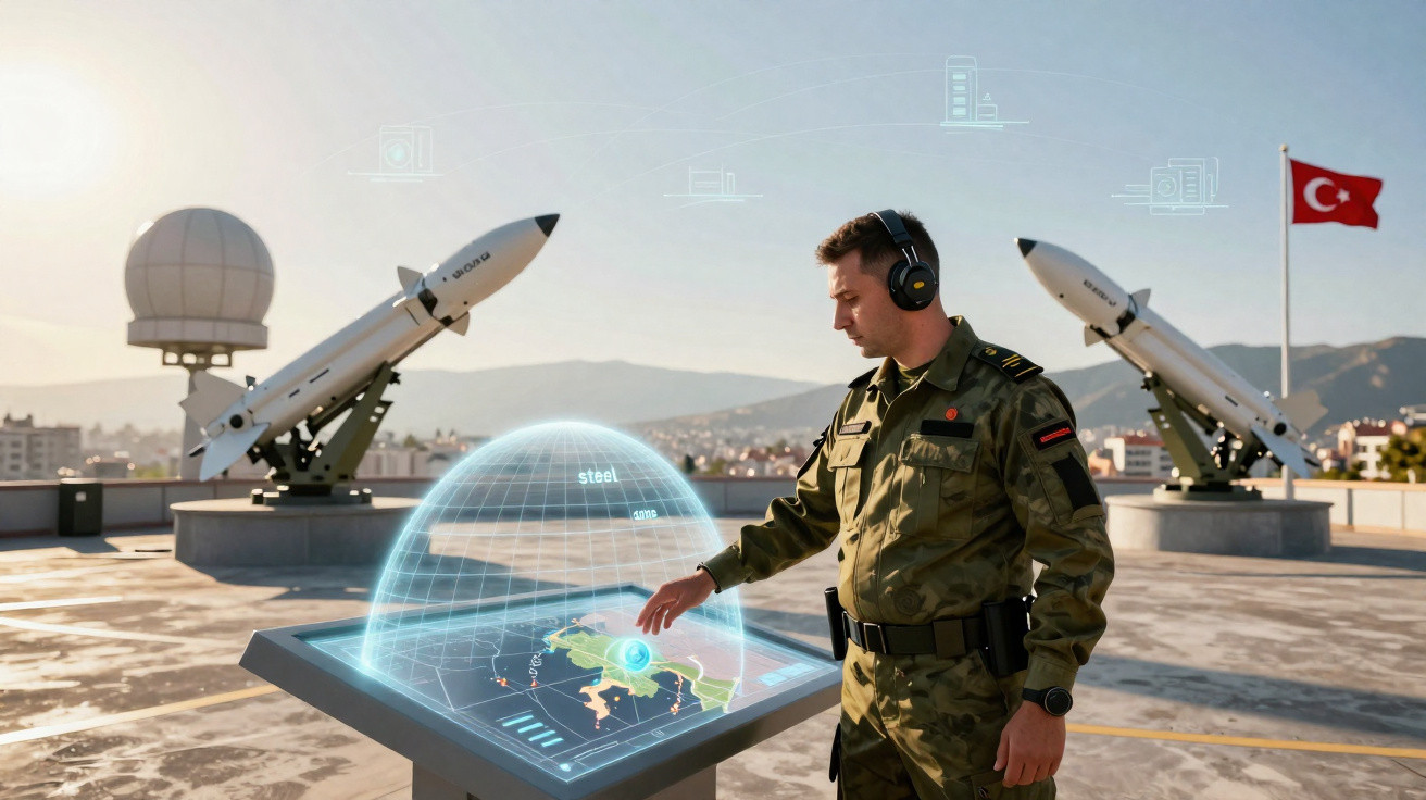Militar turco usando fones interage com mesa digital holográfica, mísseis e bandeira da Turquia ao fundo em base aérea.