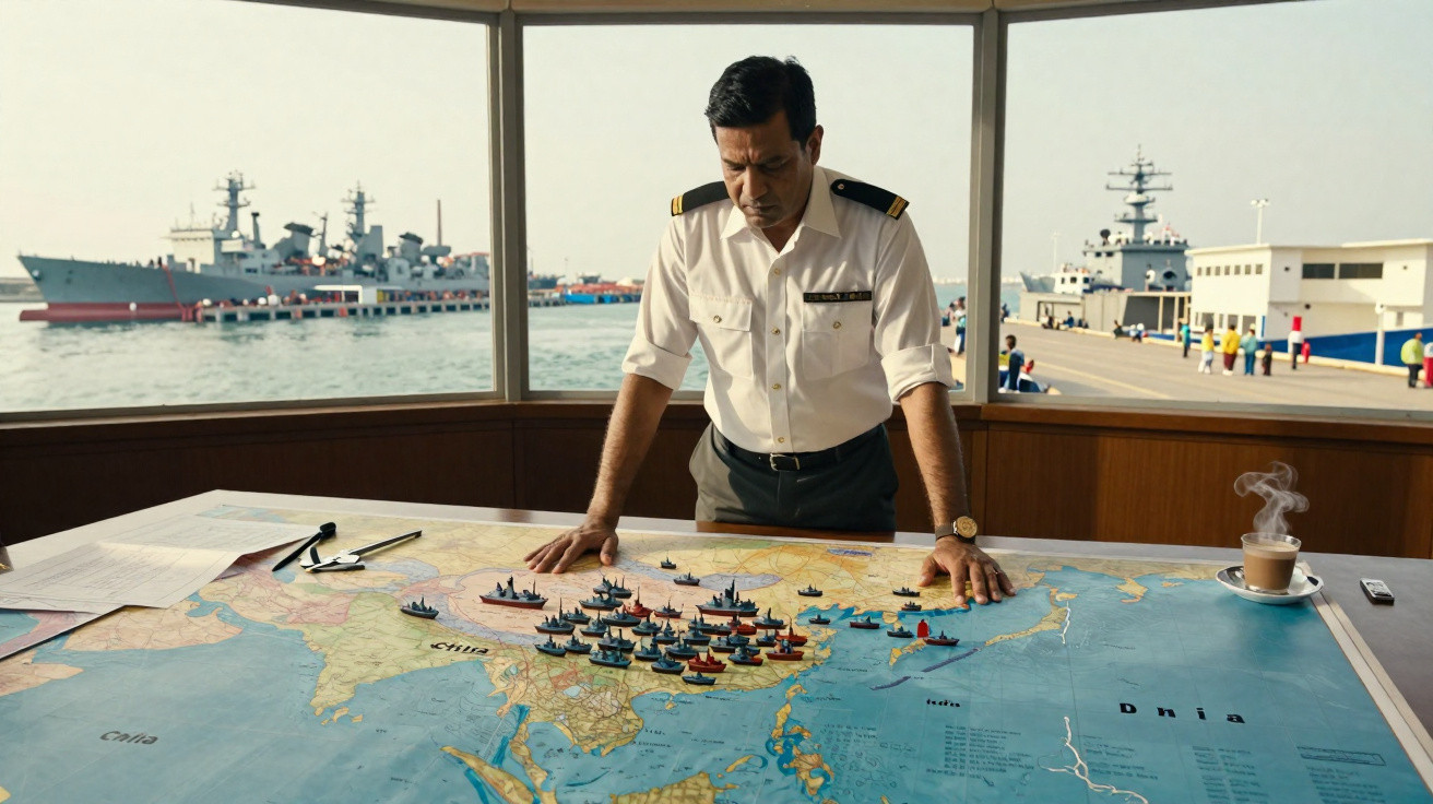 Homem em uniforme naval analisa mapa estratégico com miniaturas de navios em sala com vista para o mar.