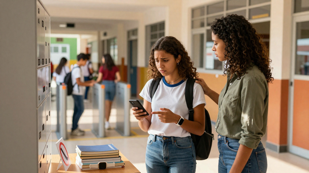 Dois estudantes no corredor da escola, um confortando o outro que está preocupado olhando o celular.