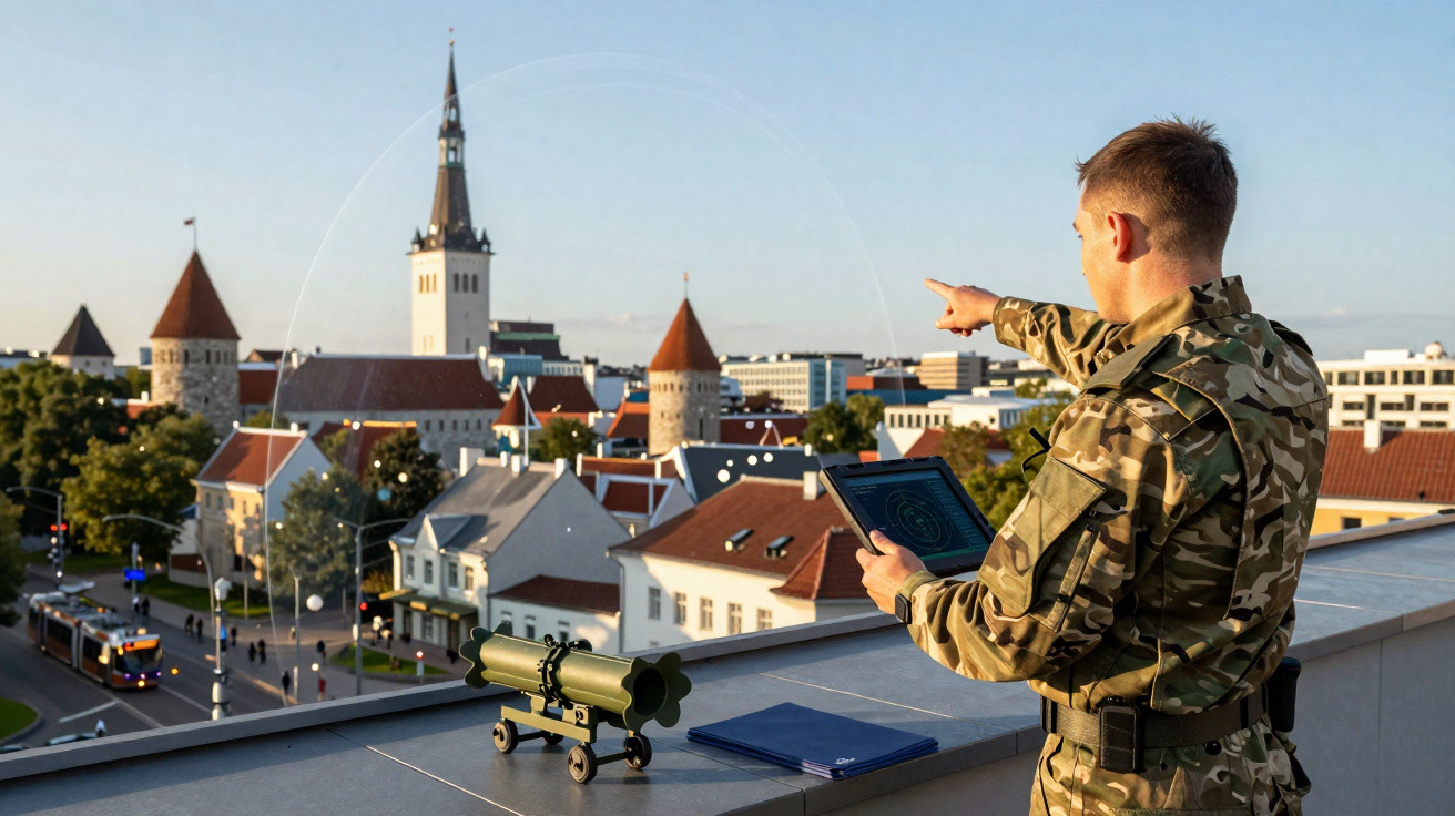 Soldado uniformizado usando tablet aponta para horizonte de cidade histórica com torres e edifícios antigos.