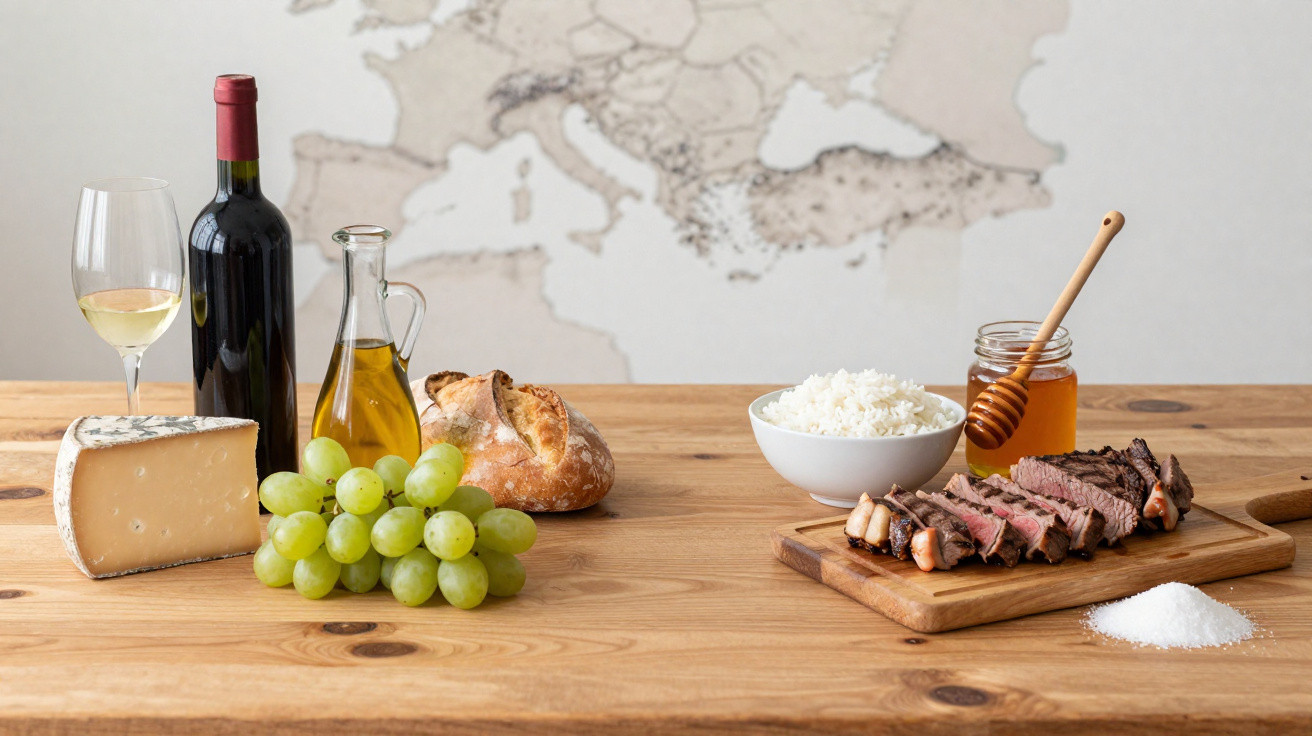 Mesa com vinho branco, queijo, uvas, pão, azeite, arroz, mel, carne fatiada e sal sobre fundo com mapa europeu.