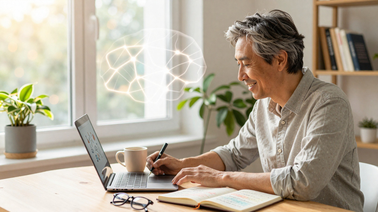 Homem sorridente usando laptop e tablet digitalizador em mesa com plantas e caderno aberto.