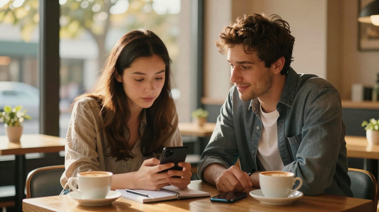 Mulher mostra algo no celular para homem em mesa de café com duas xícaras e caderno aberto.