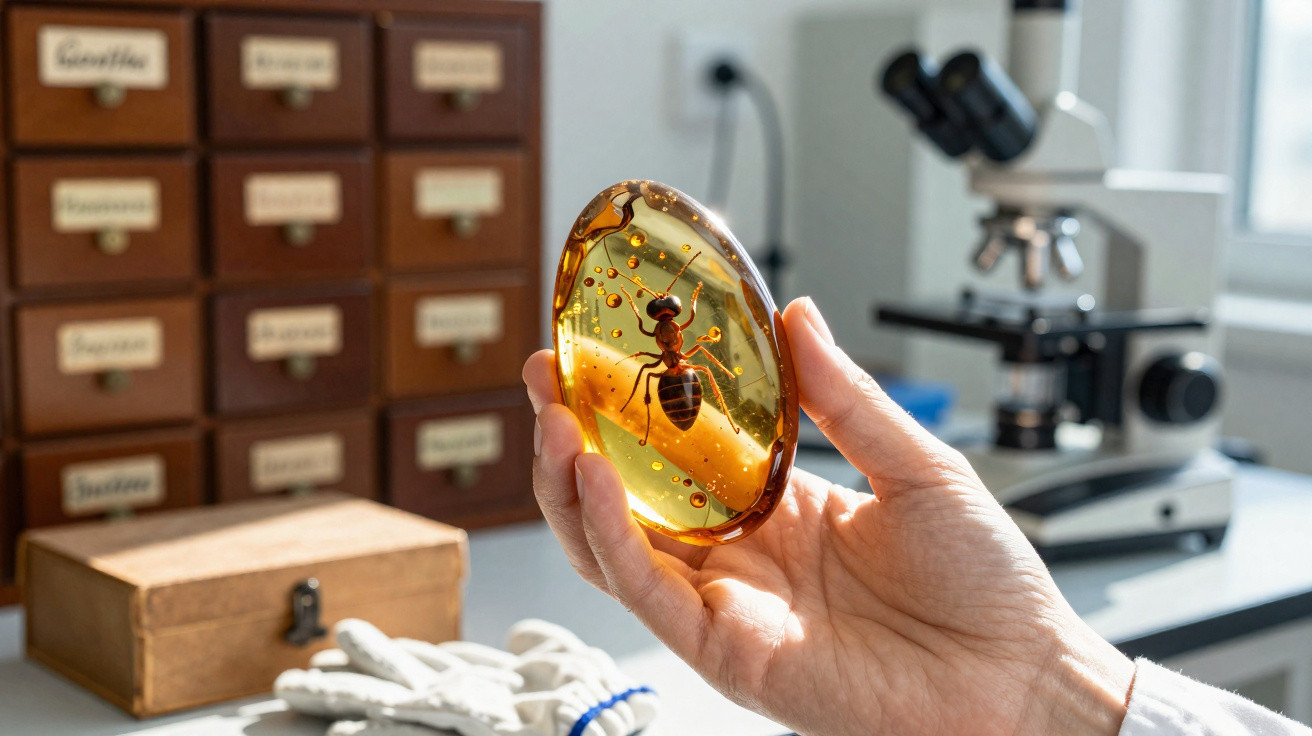 Mão segurando amostra de âmbar com inseto preservado, fundo com microscópio e gavetas de laboratório.