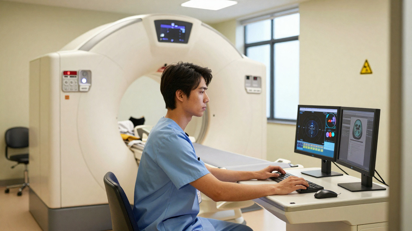 Técnico de saúde operando computador em sala com tomógrafo e telas exibindo imagens médicas e dados de exame.