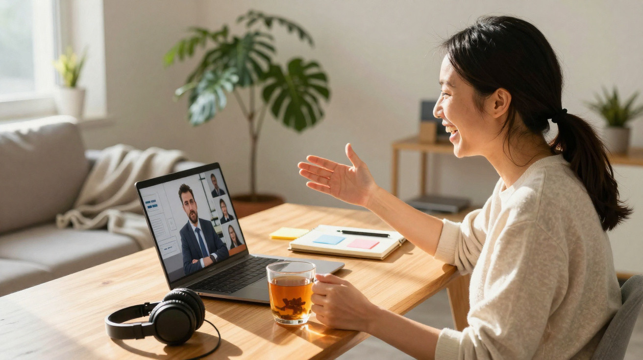 Mulher sorrindo participando de videoconferência em laptop enquanto segura xícara de chá em mesa de madeira.