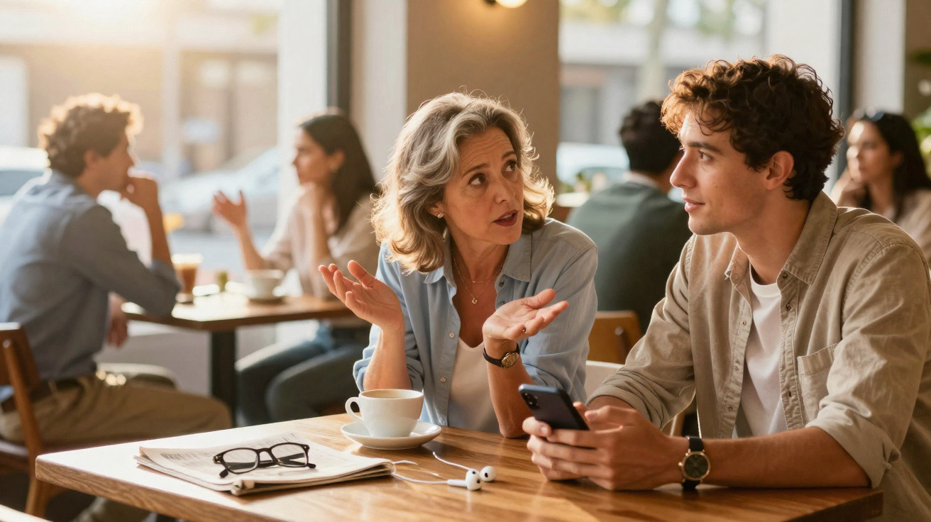 Duas pessoas conversando em café, uma segurando celular, a outra gesticulando, ambiente iluminado natural.
