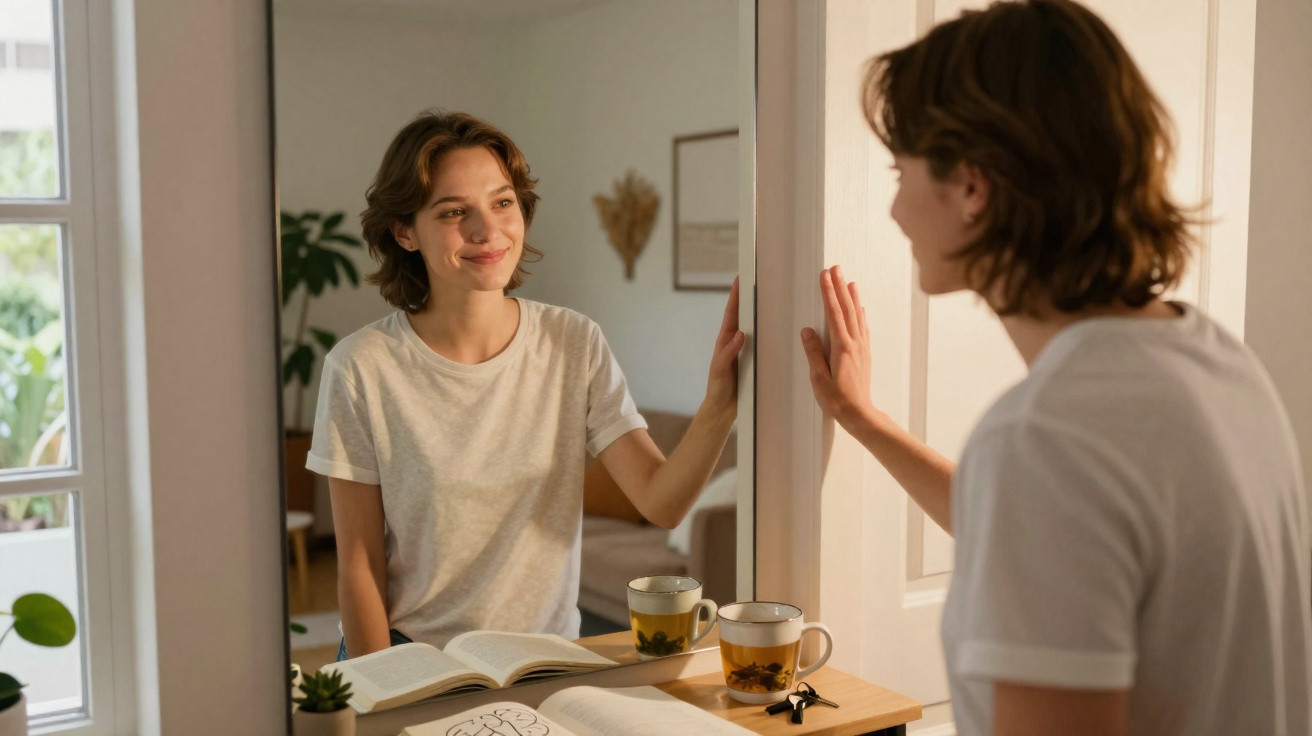 Mulher sorrindo olhando no espelho em ambiente claro com livro aberto e duas xícaras na mesa.