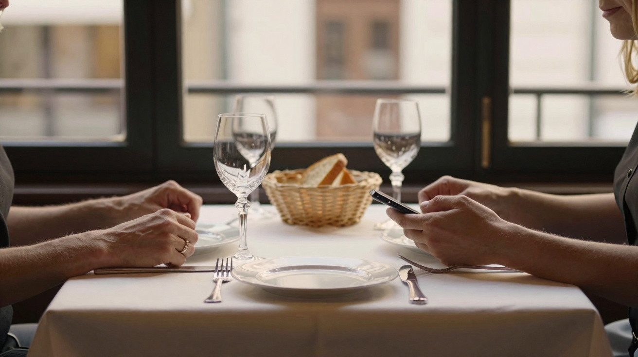 Pessoas sentadas à mesa de restaurante com guardanapos, taças, pratos, talheres e cesta de pão ao centro.
