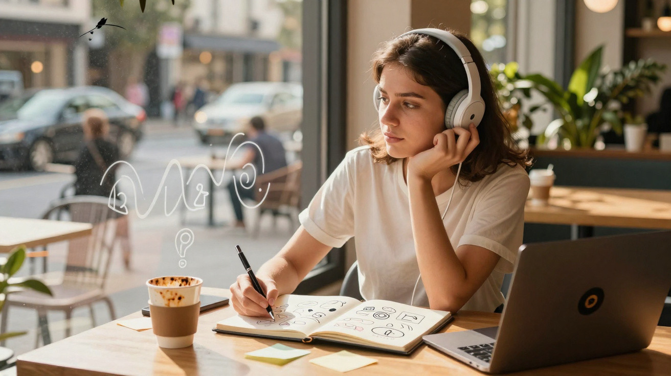Mulher jovem com fones, desenhando em caderno aberto num café com laptop e café na mesa.