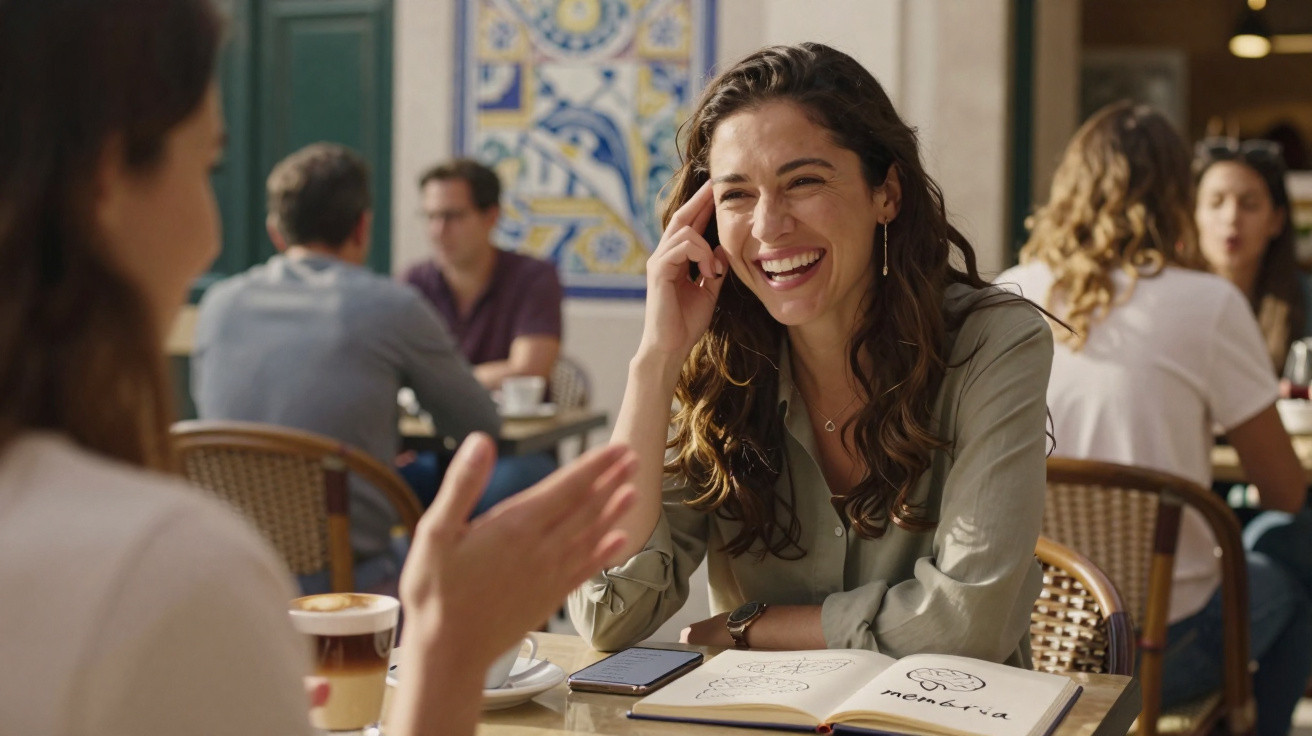 Mulher sorrindo conversa animadamente com outra em cafeteria, com caderno e café na mesa.