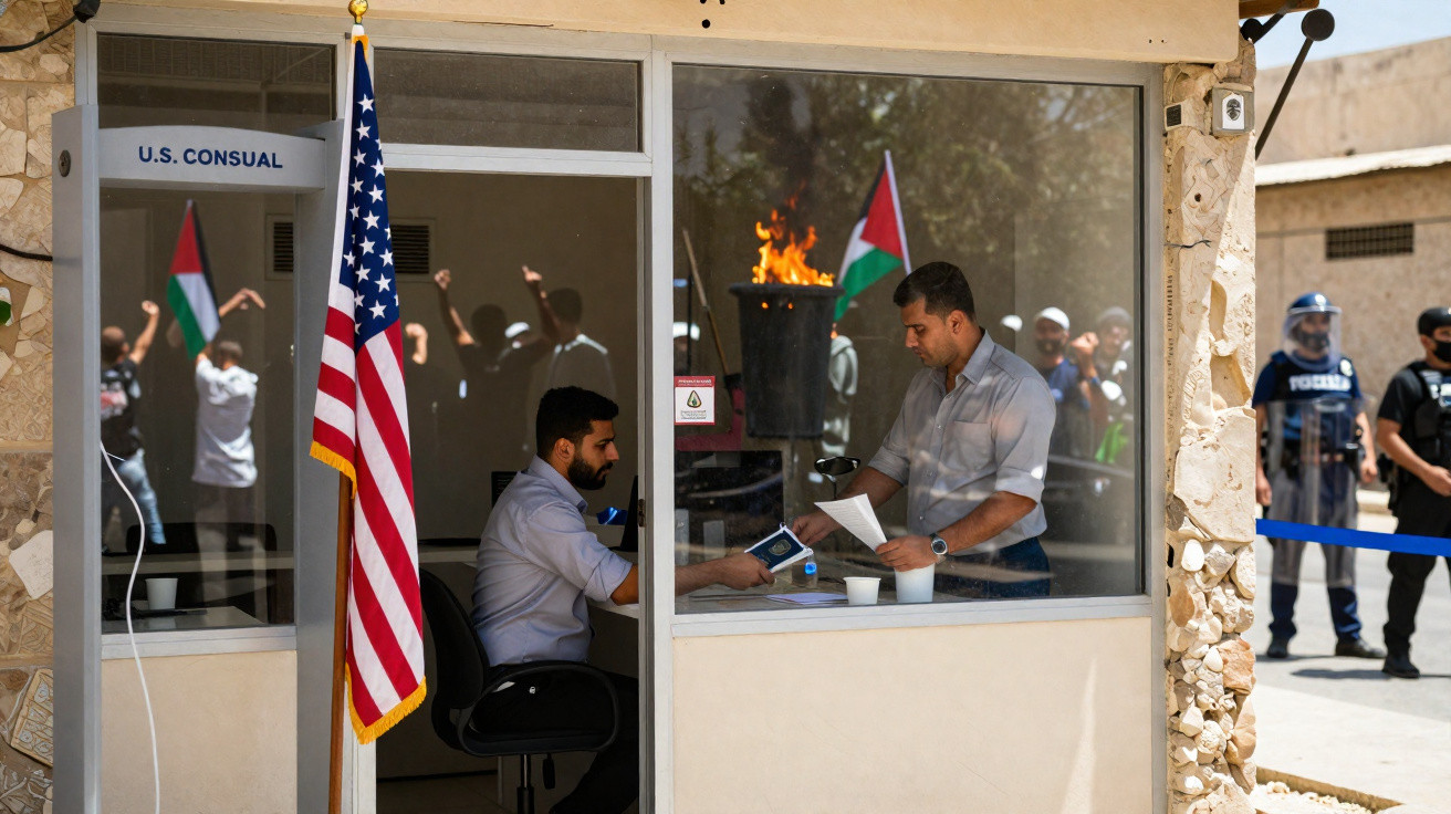 Funcionário consular entrega documentos para homem em cabine, bandeira dos EUA e protesto com bandeiras palestinas ao fundo.