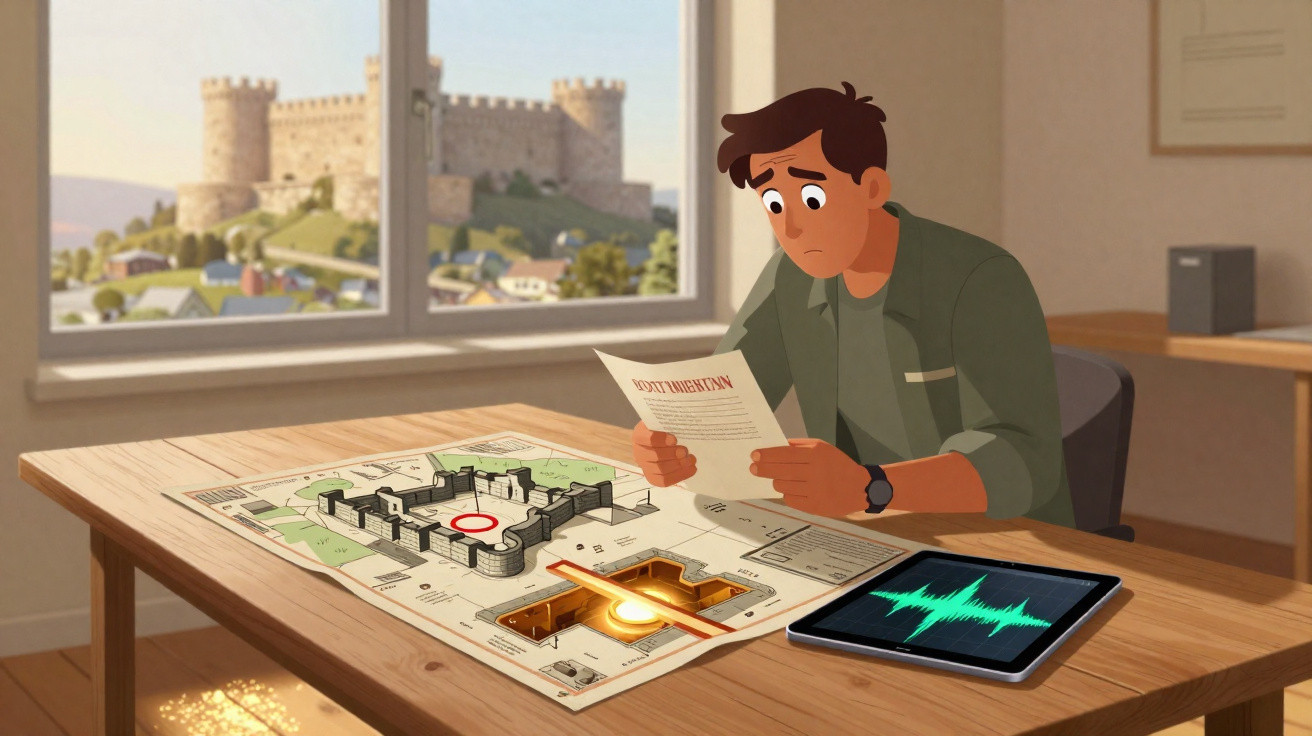 Homem preocupado analisa mapa de castelo em mesa com tablet e janela mostrando castelo ao fundo.