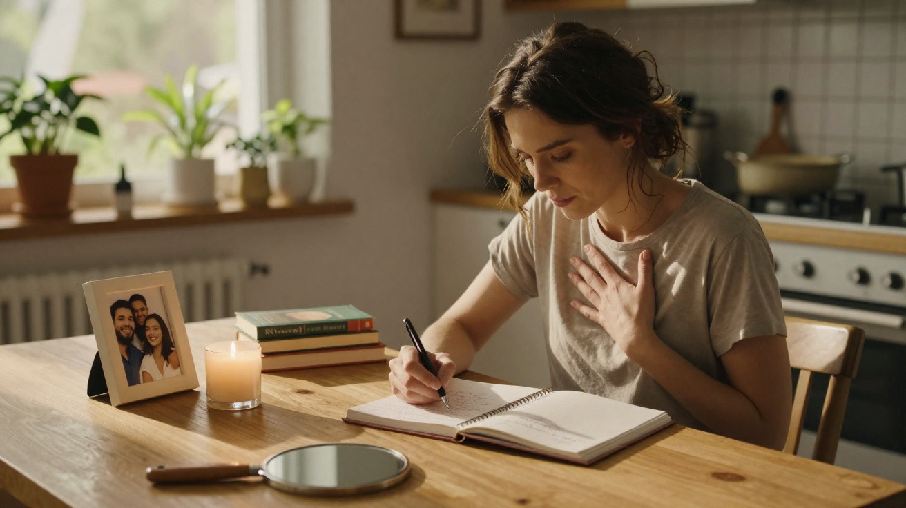 Mulher sentada escrevendo em caderno com vela acesa e foto de família sobre mesa na cozinha.