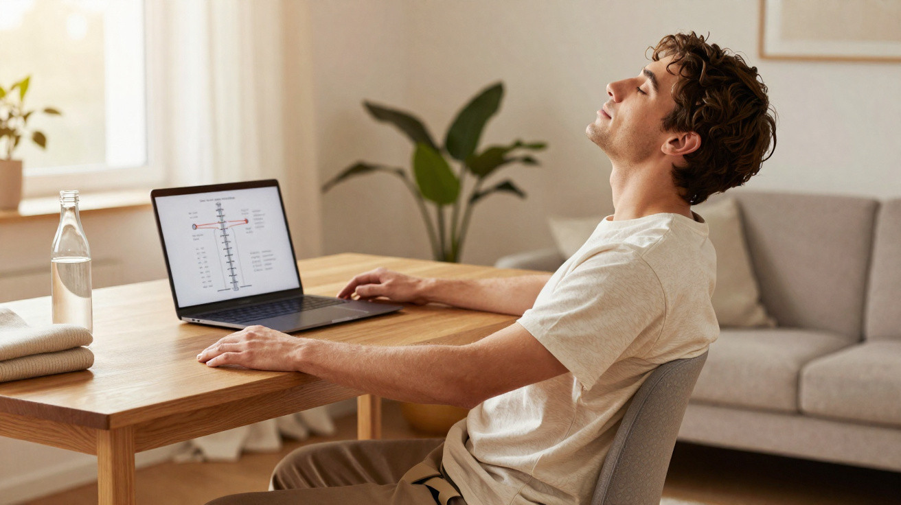 Jovem sentado em cadeira com laptop e garrafa de água à mesa, fazendo pausa e olhando para cima.