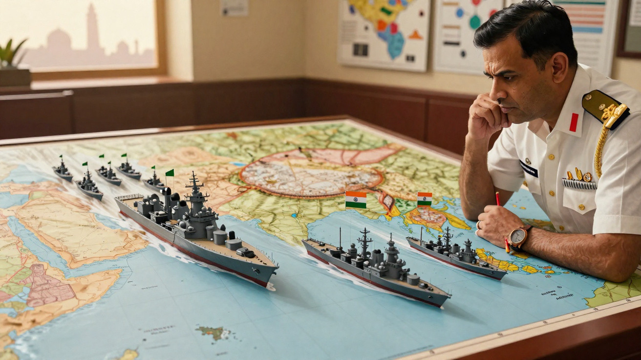 Homem de uniforme naval observa maquete de navios de guerra sobre mapa geográfico na mesa.