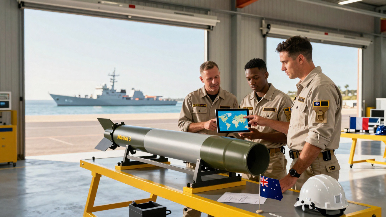 Três militares analisam mapa em tablet próximo a míssil em galpão com navio de guerra ao fundo.