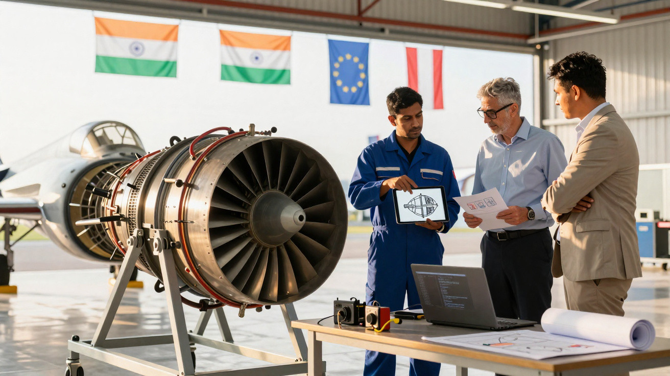 Três homens analisam projeto de motor a jato em hangar com bandeiras da Índia, Europa e Polônia ao fundo.