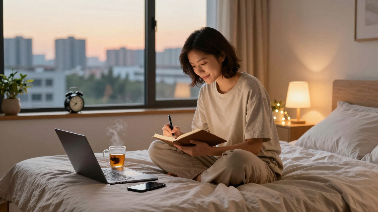 Jovem sentada na cama escrevendo em caderno, com laptop, celular e xícara de chá ao lado.