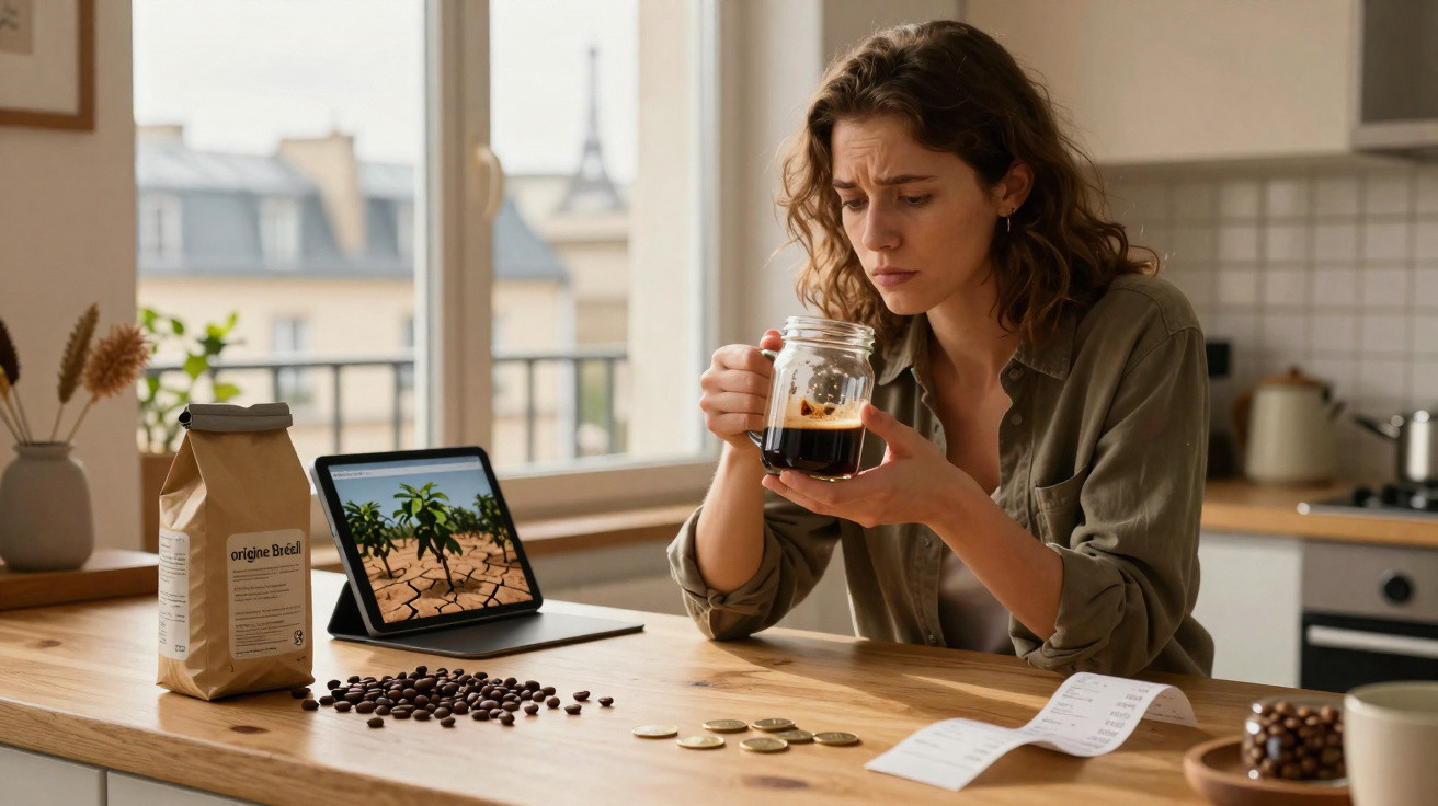 Mulher preocupada segurando café olhando para moedas e conta, com imagem de planta seca em tablet na cozinha.
