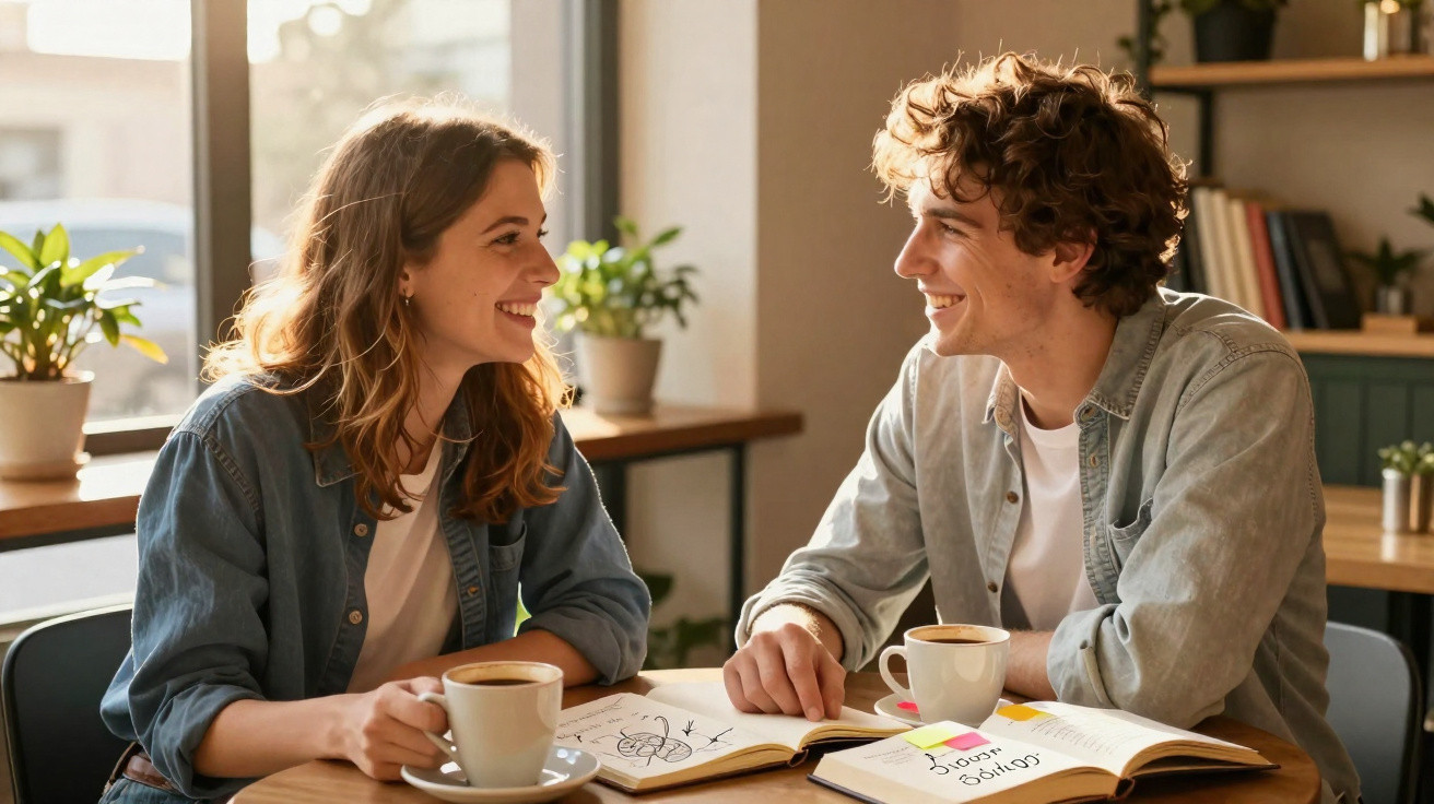 Jovem casal sorrindo enquanto conversa em cafeteria com livros abertos e xícaras de café à mesa.