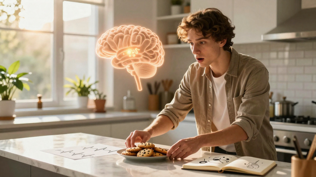 Jovem surpreso segurando prato de biscoitos em cozinha com ilustração digital de cérebro flutuante.