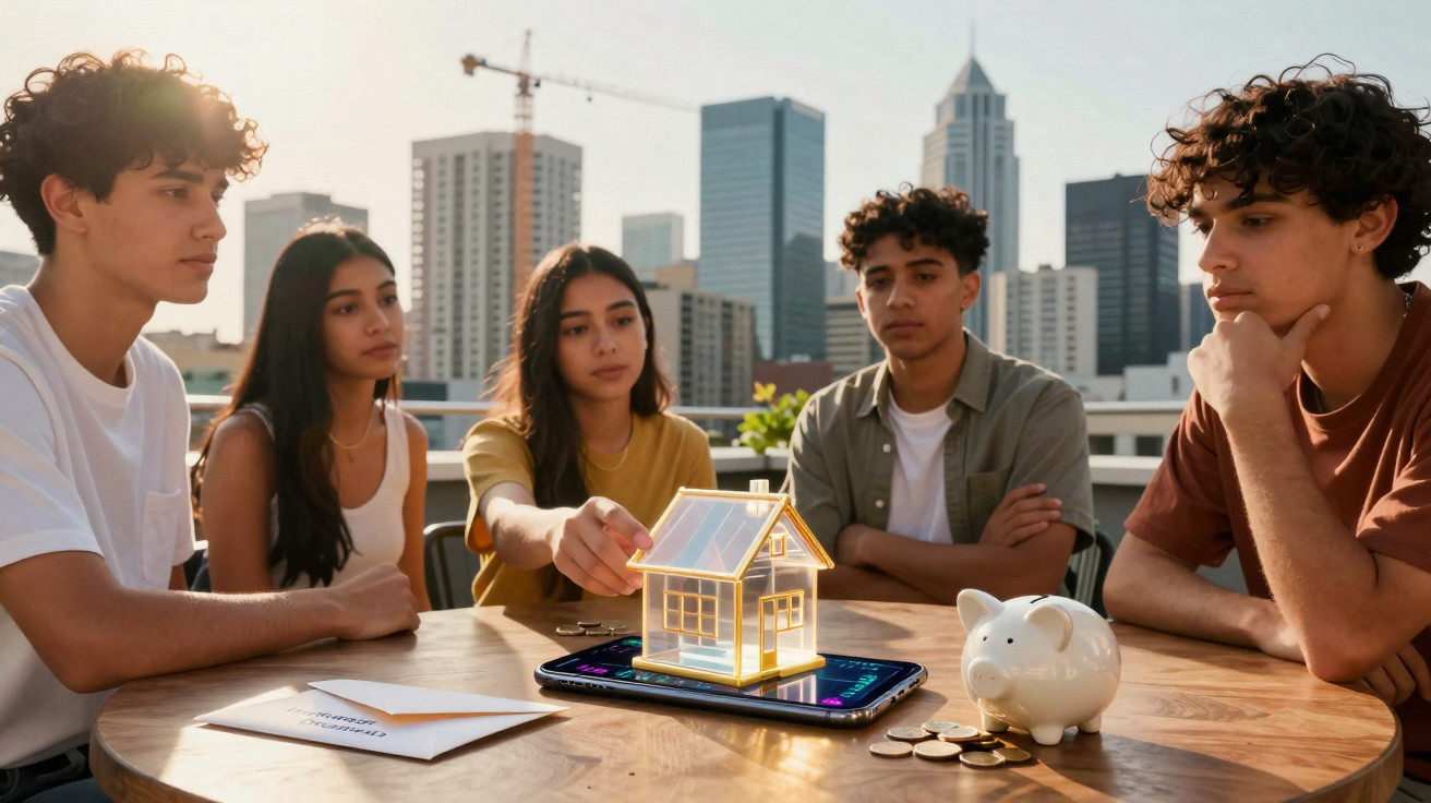 Jovens reunidos ao redor de mesa com maquete de casa em holograma sobre celular, cofrinho e moedas.